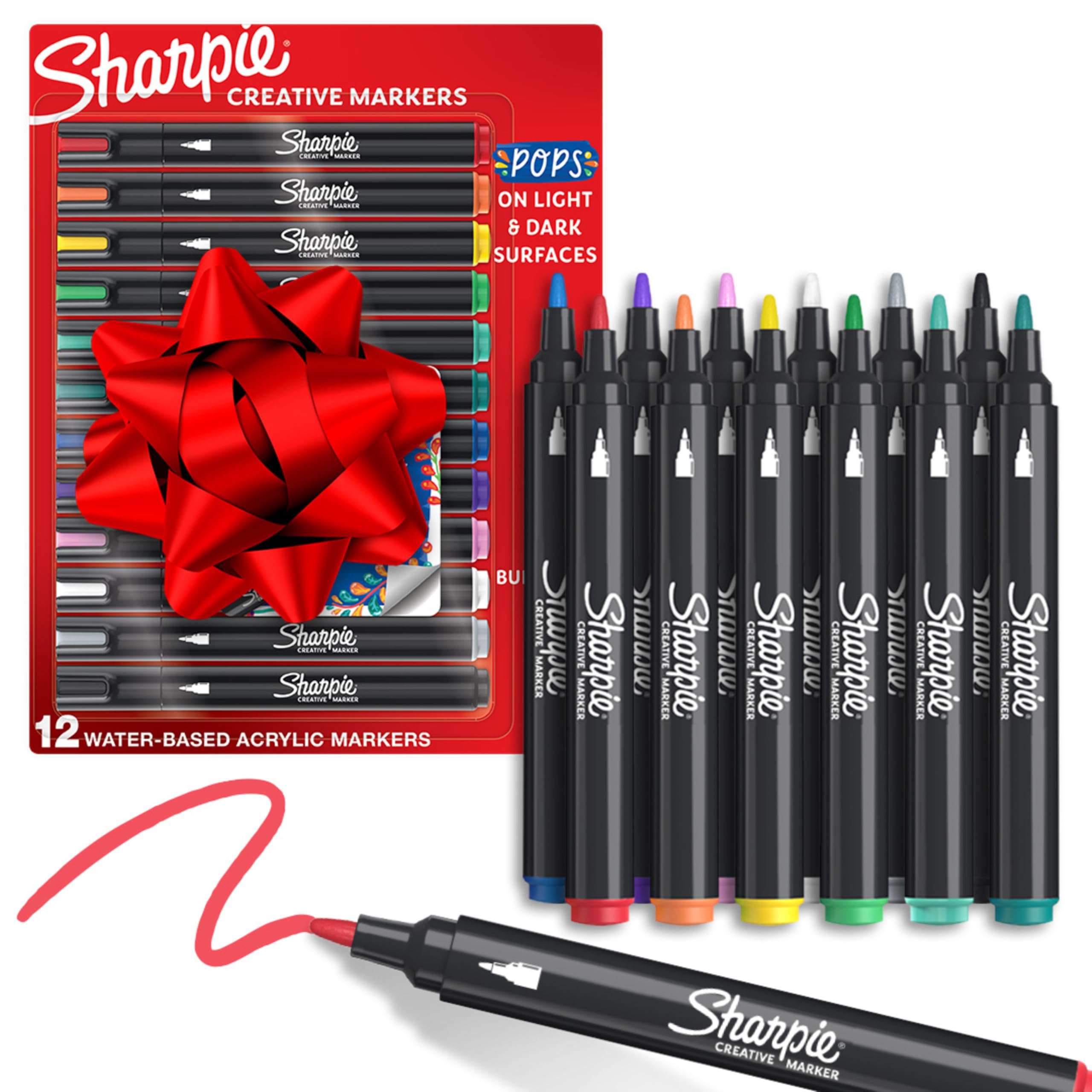 Sharpie Creative Markers, Water-Based Acrylic, Bullet Tip, Assorted Colors, 12 Count – Arts & Crafts, Kids Activity, School Classroom; Works on Paper, Metal, Wood, Ceramic, Glass, Rock, Canvas