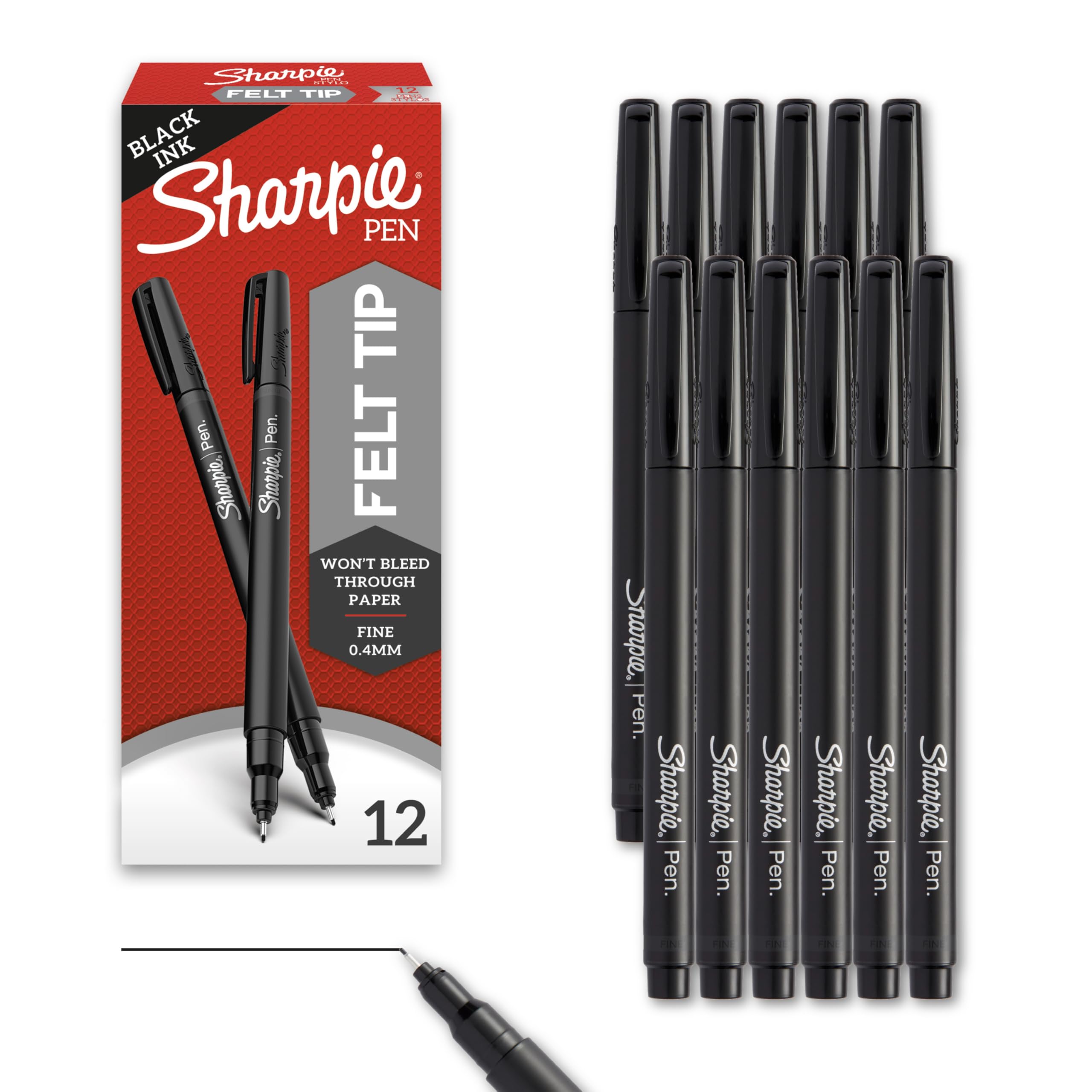 Sharpie Felt Tip Pens, Fine Point (0.4mm), Felt Tip Markers, Black, 12 Count - Journaling, Art, Drawing, Teacher, Back to School