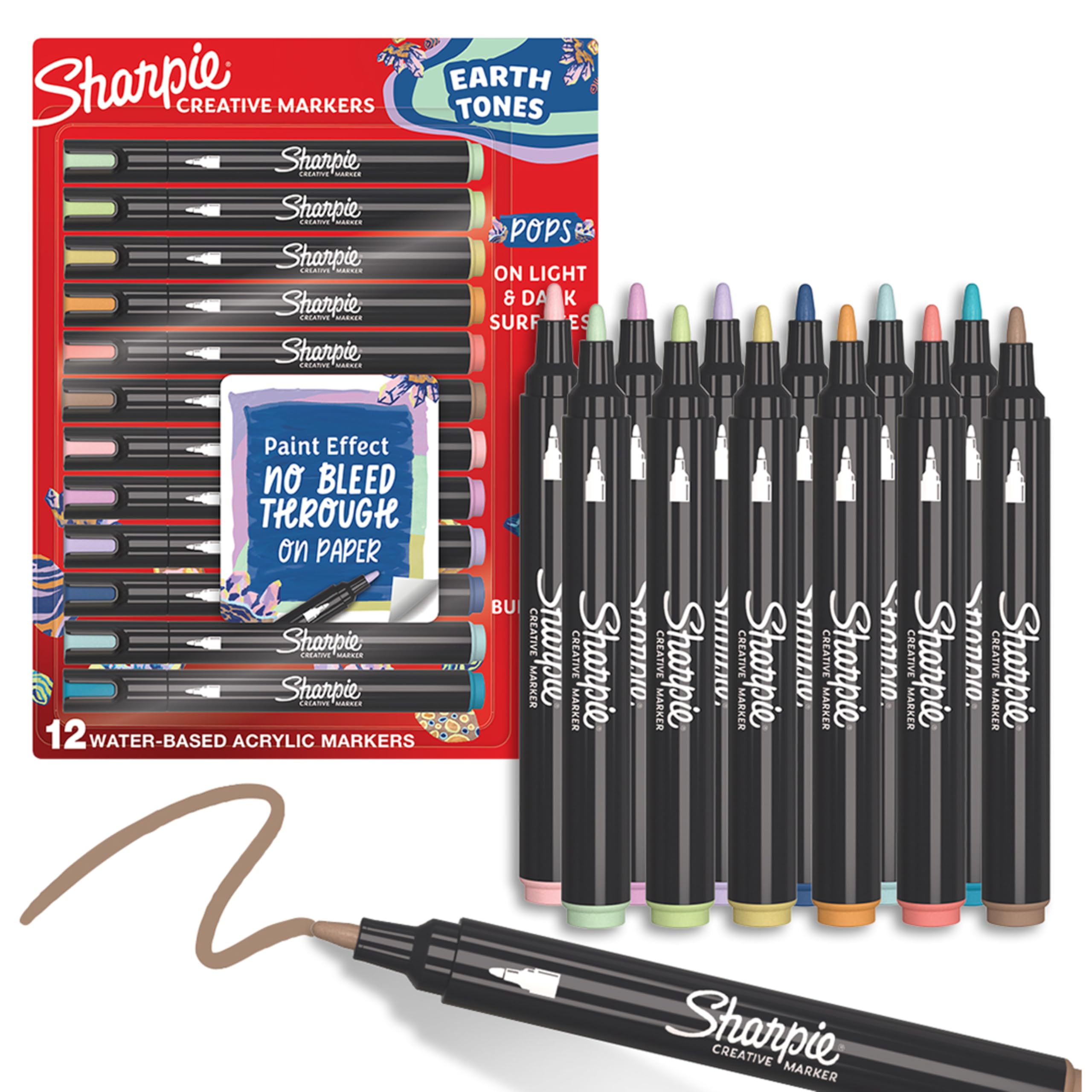 Sharpie Creative Markers, Earth Tones, Water-Based Acrylic, Bullet Tip, Assorted Colors, 12 Count – Arts & Crafts, School Classroom; Works on Paper, Metal, Wood, Ceramic, Glass, Rock, Canvas