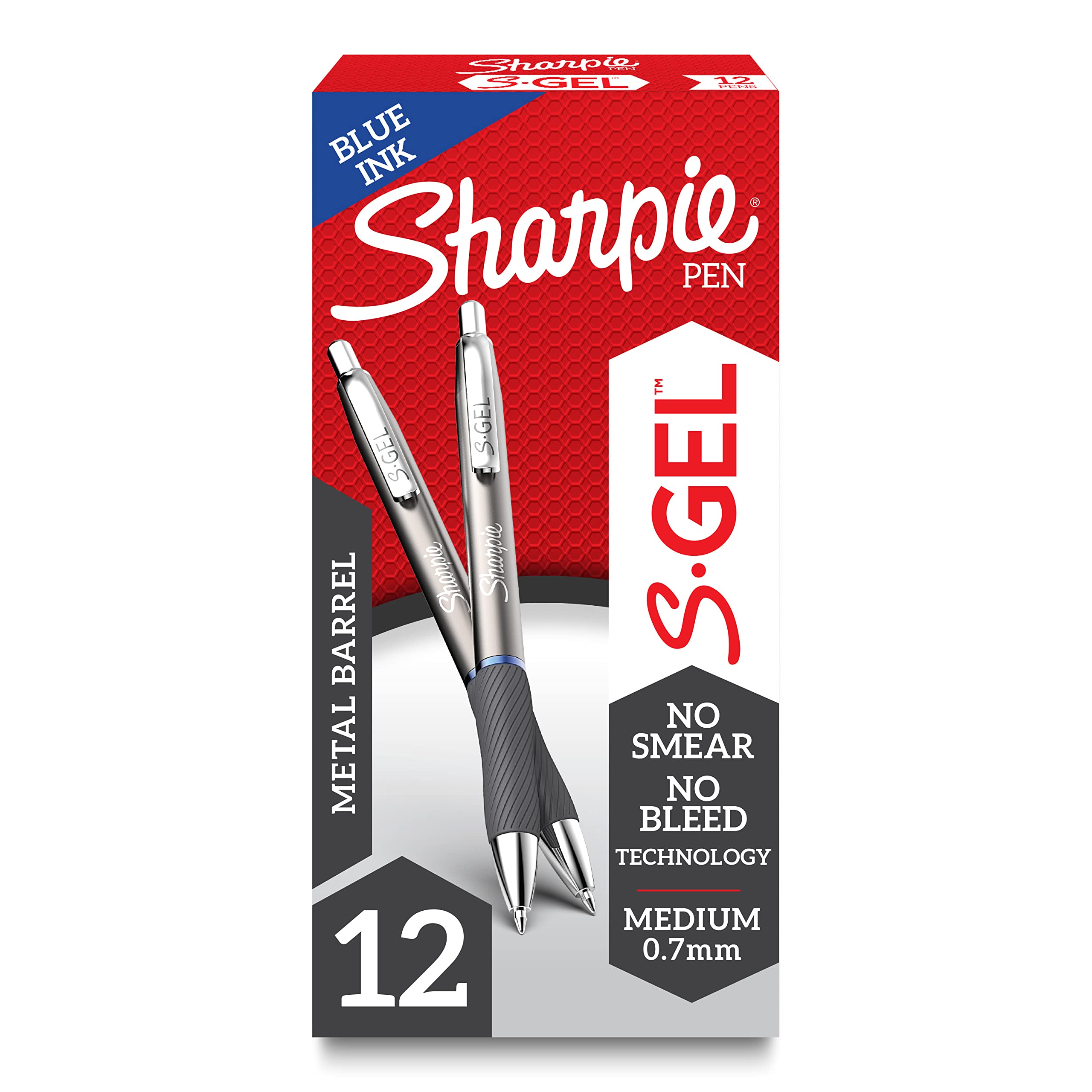 Sharpie S-Gel, Gel Pens, Sleek Metal Barrel, Gunmetal, Medium Point (0.7mm), Blue Ink, 12 Count