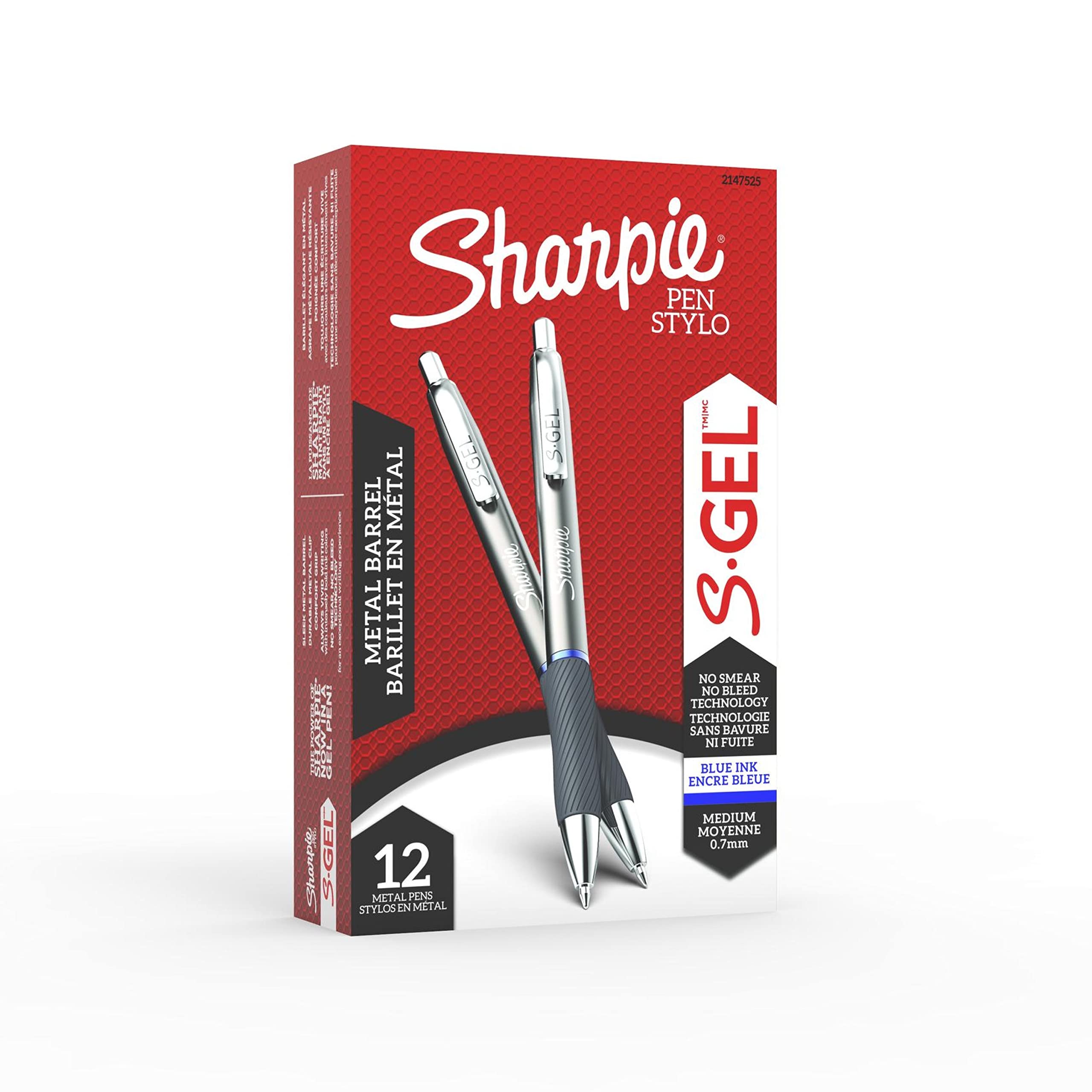 Sharpie S-Gel, Gel Pens, Sleek Metal Barrel, Gunmetal, Medium Point (0.7mm), Blue Ink, 12 Count