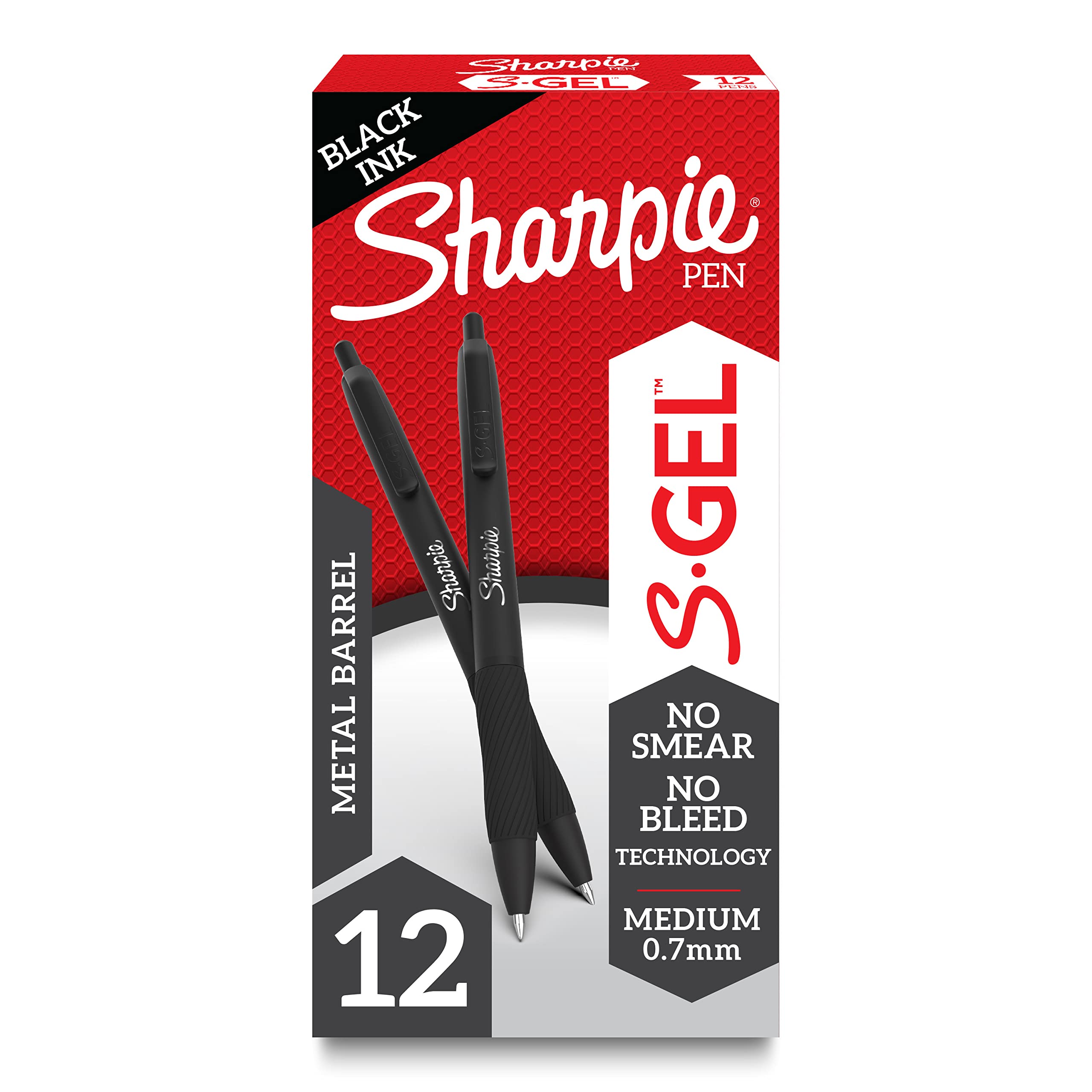 Sharpie S-Gel Gel Pens Sleek Metal Barrel Matte Black Medium Point (0.7mm) Black Ink 12 Count