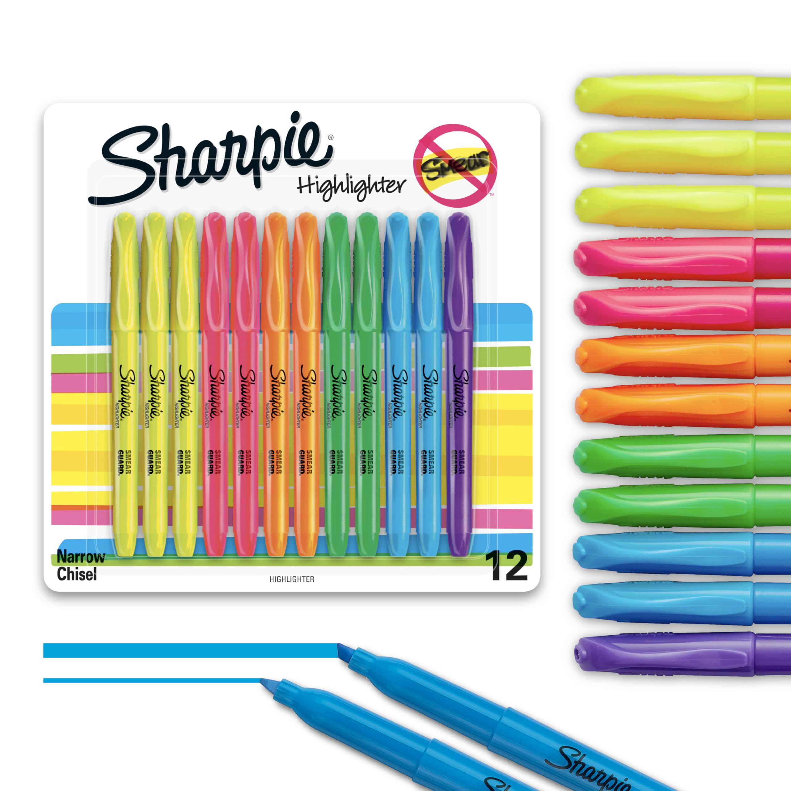 Sharpie Pocket Highlighters, Chisel Tip, Quick Dry, Six Assorted Fluorescent Colors, 12 Count - For Studying, Note-Taking, School, College, Office, Student & Teacher Supplies