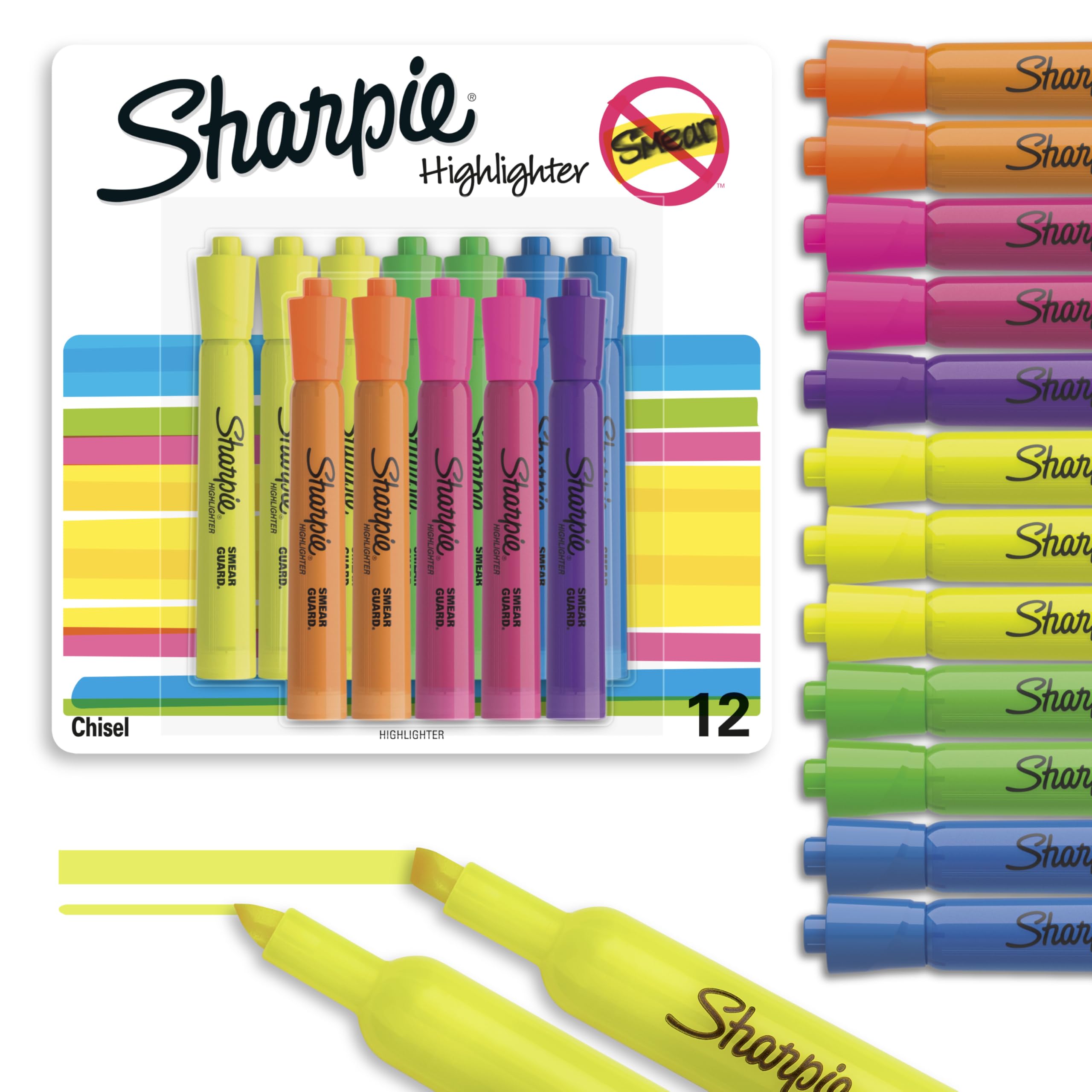 Sharpie Tank Highlighters, Chisel Tip, Assorted Fluorescent, Six Assorted Colors, 12 Count - Back to School, Office, Teacher Supplies