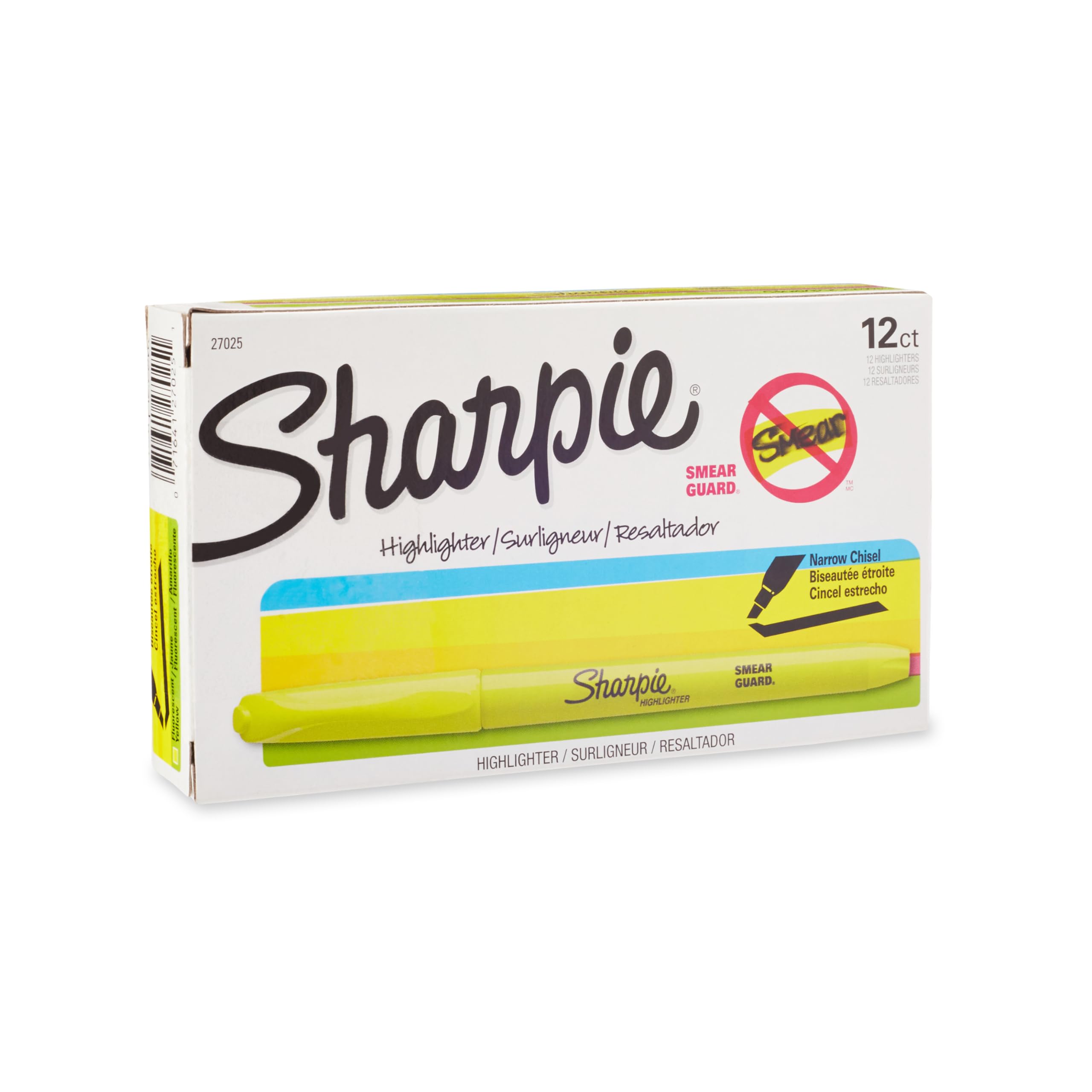 Sharpie Pocket Style Highlighters, Chisel Tip, Fluorescent Yellow, Box of 12