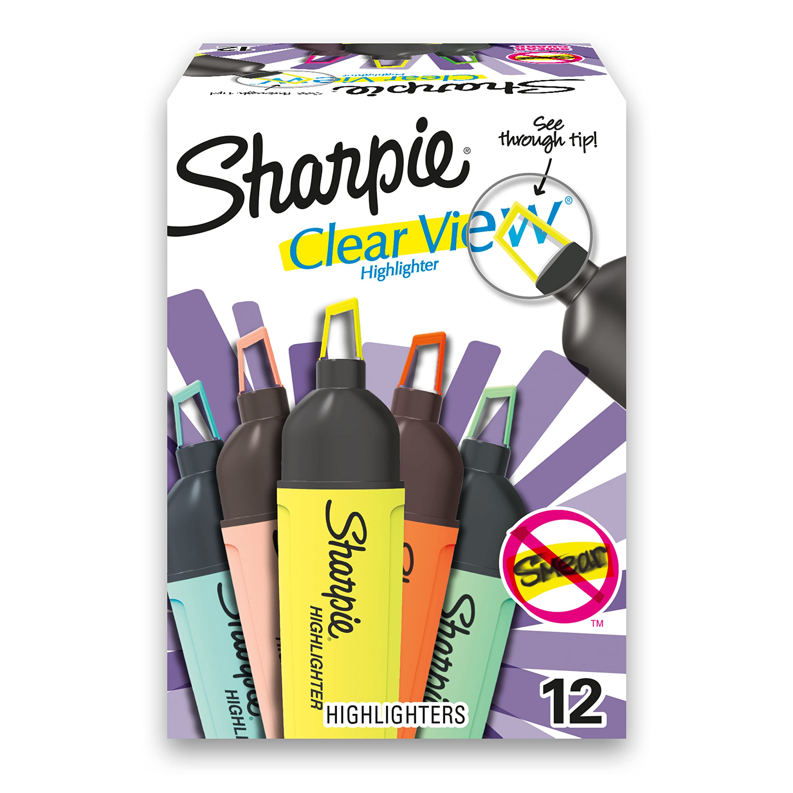 Sharpie Clearview Tank-Style Highlighter, Assorted Ink Colors, Chisel Tip, Assorted Barrel Colors, 12/Pack
