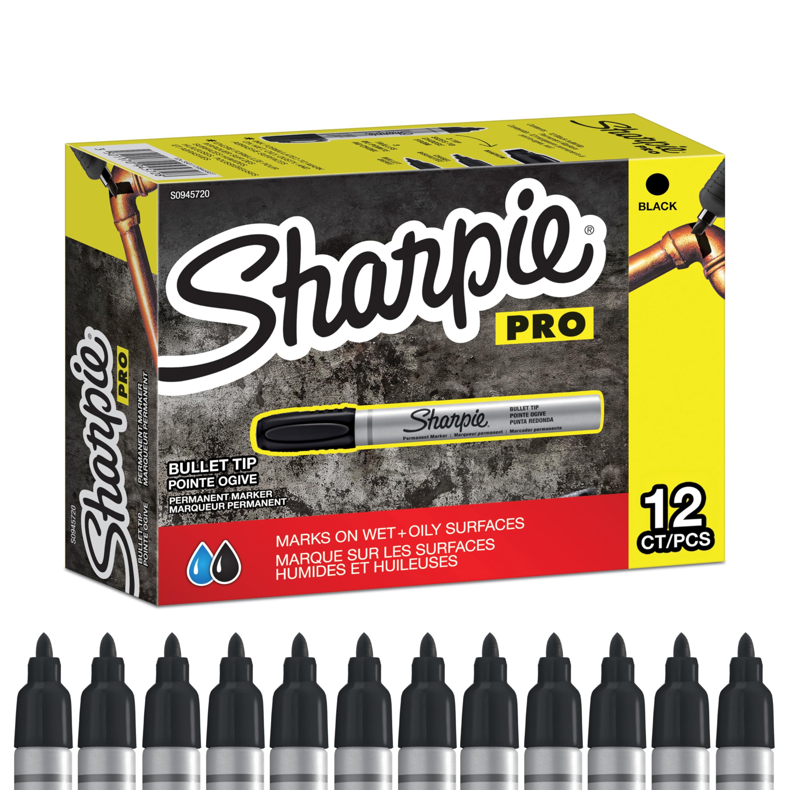 Sharpie Pro Industrial Strength Permanent Markers Bullet Tip, Black Ink, 12 Count