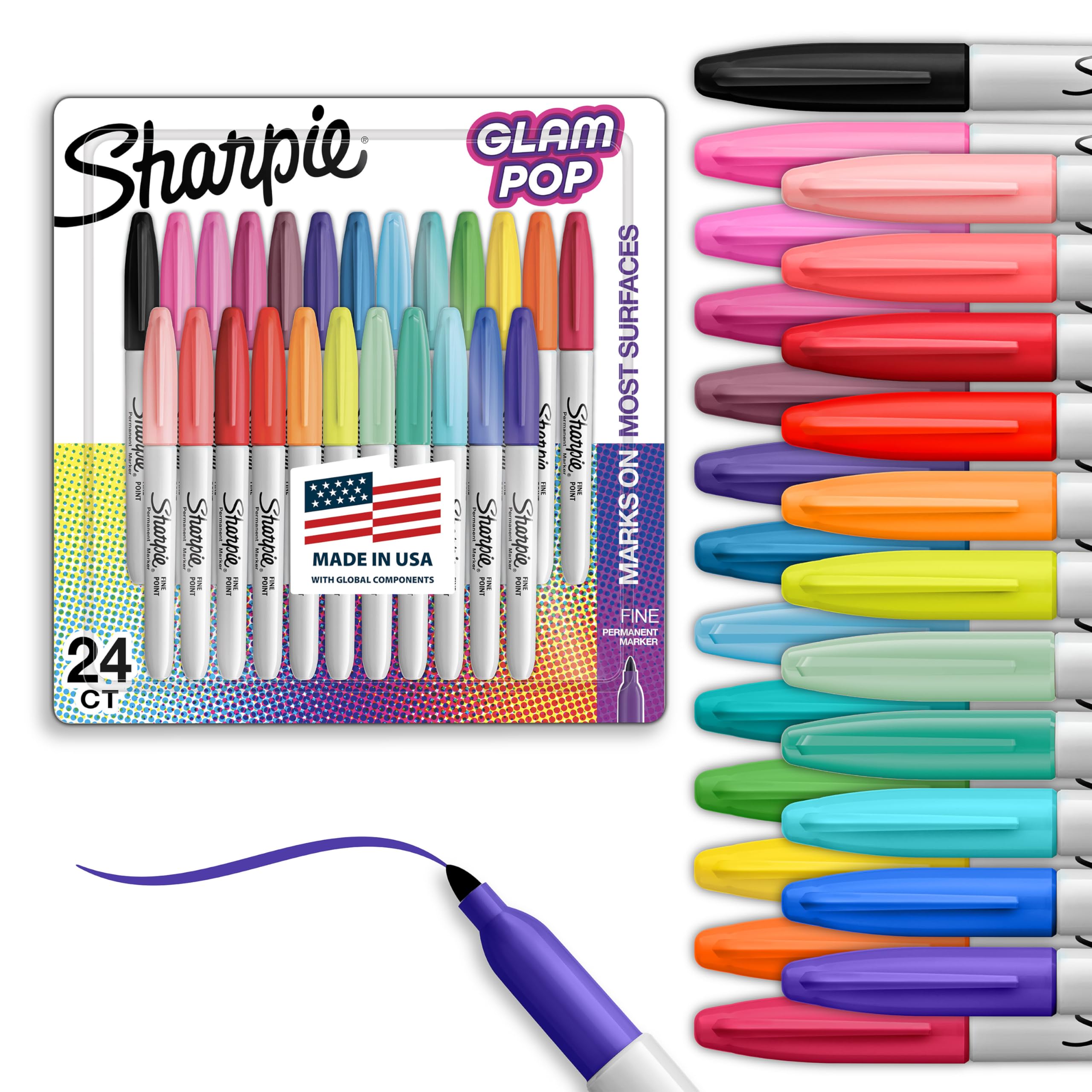 Sharpie Glam Pop Permanent Markers Fine Tip Marker Set Coloring Art Drawing Writing Markers Assorted Colors 24 Count