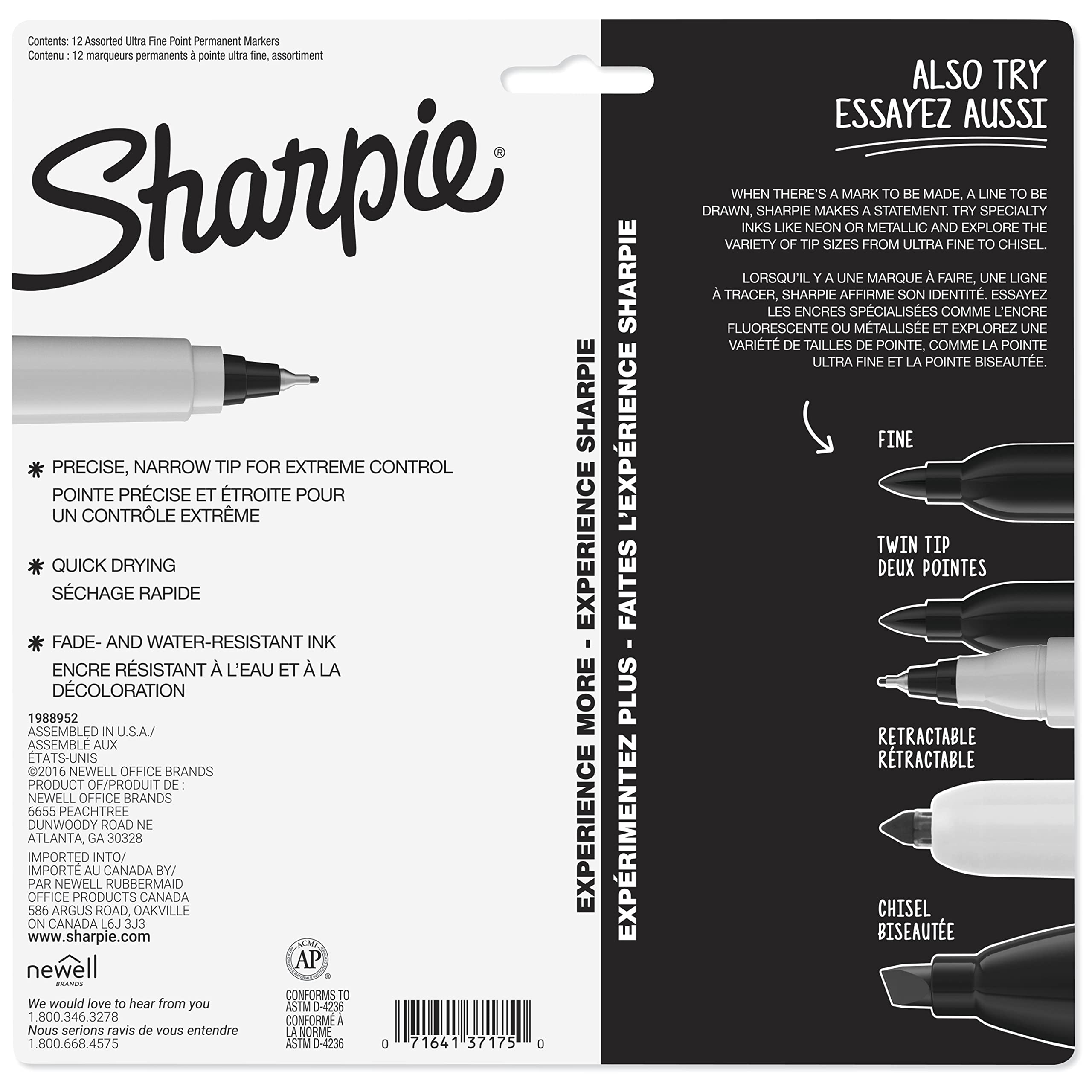 Sharpie Permanent Markers Ultra Fine Point Assorted Colors 12 Count