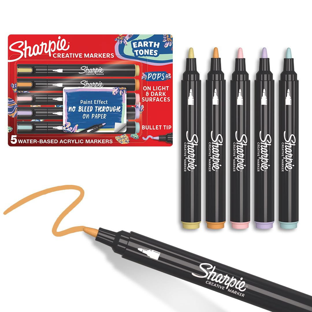 Sharpie Creative Markers, Earth Tones, Celestial Skies, Water-Based Acrylic, Bullet Tip, Assorted Colors, 5 Count – Arts & Crafts; Works on Paper, Metal, Wood, Ceramic, Glass, Rock, Canvas