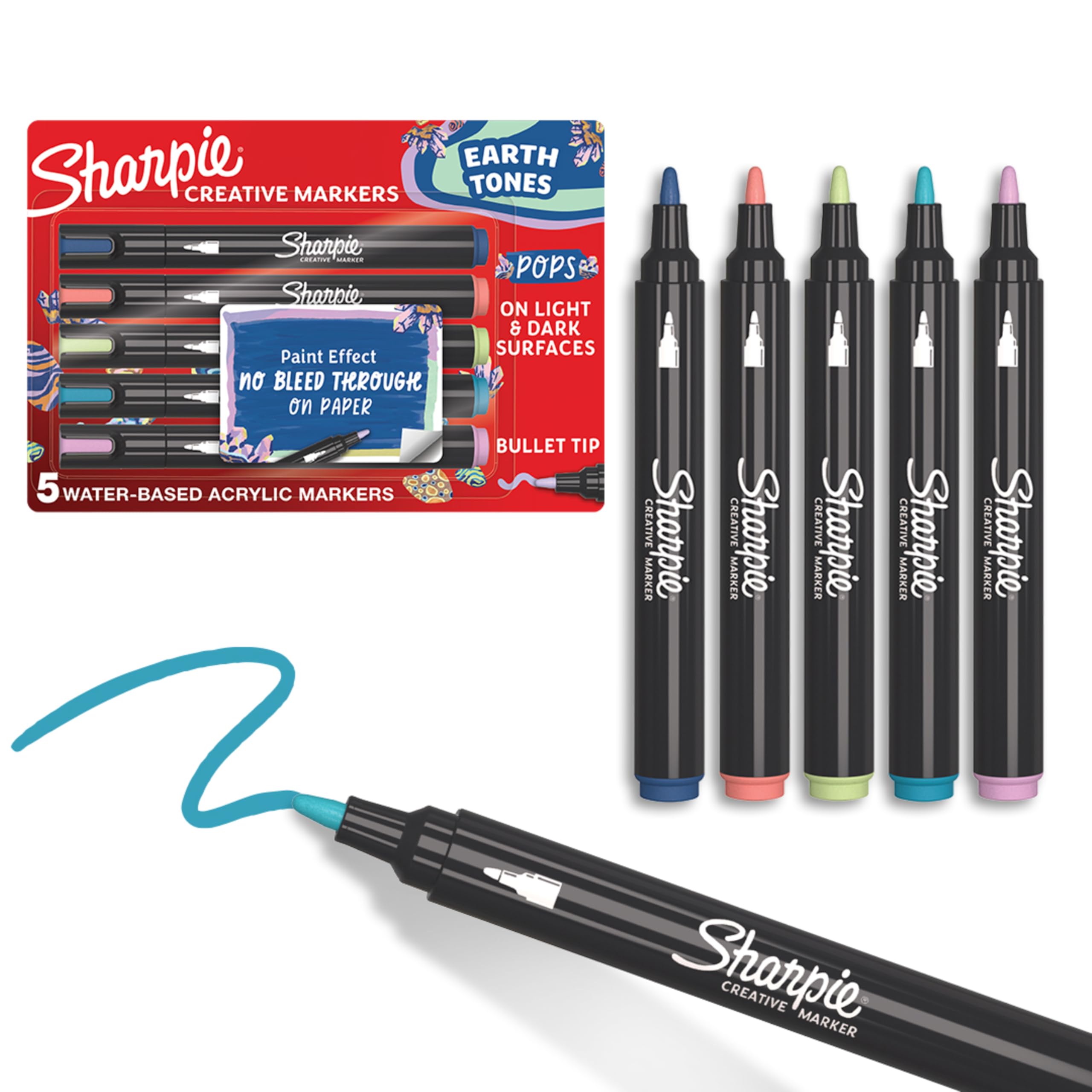 Sharpie Creative Markers, Earth Tones, Glowing Tropics, Water-Based Acrylic, Bullet Tip, Assorted Colors, 5 Count – Arts & Crafts; Works on Paper, Metal, Wood, Ceramic, Glass, Rock, Canvas