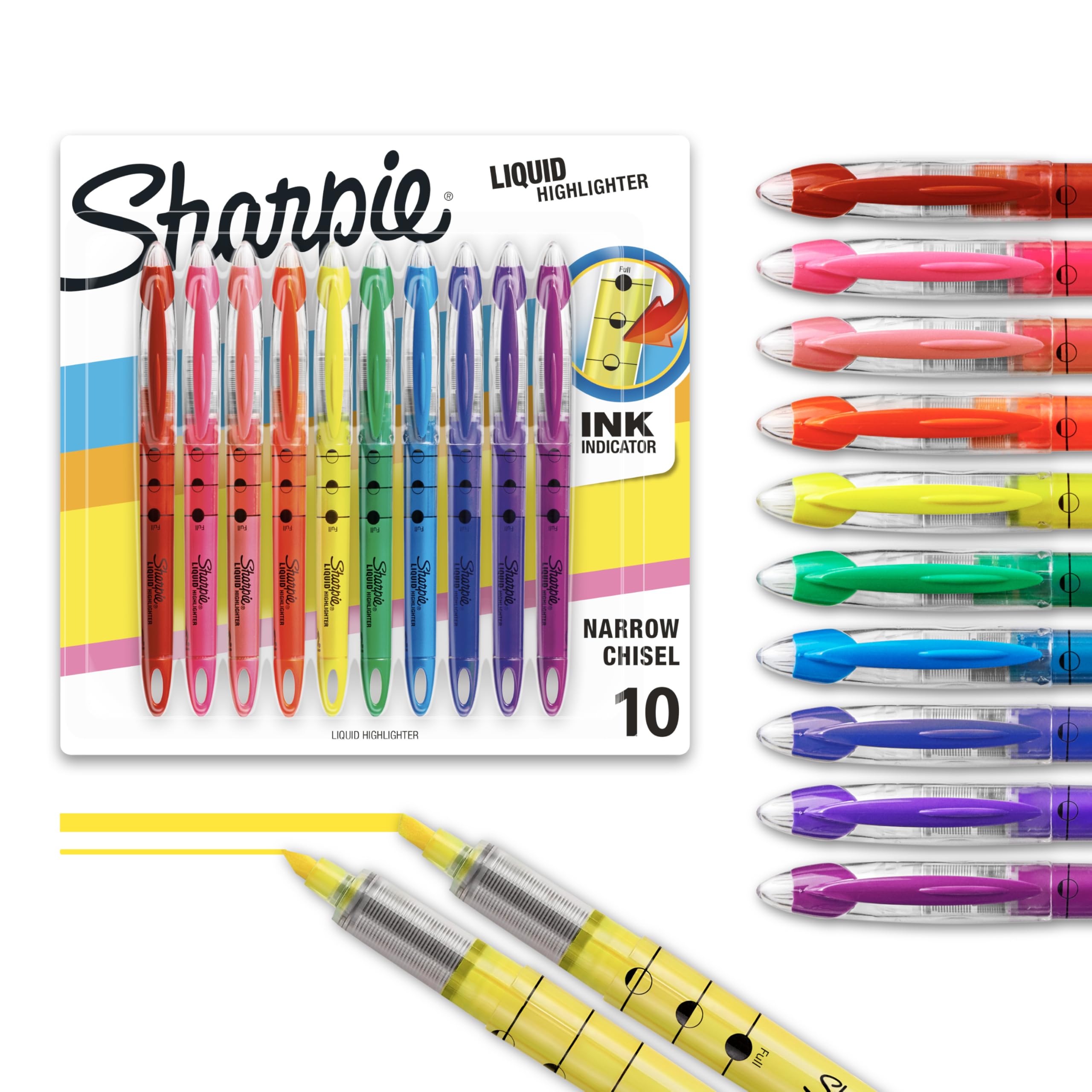 Sharpie Liquid Highlighters, Chisel Tip, Assorted Colors, 10 Count - Journaling, School, Study Supplies