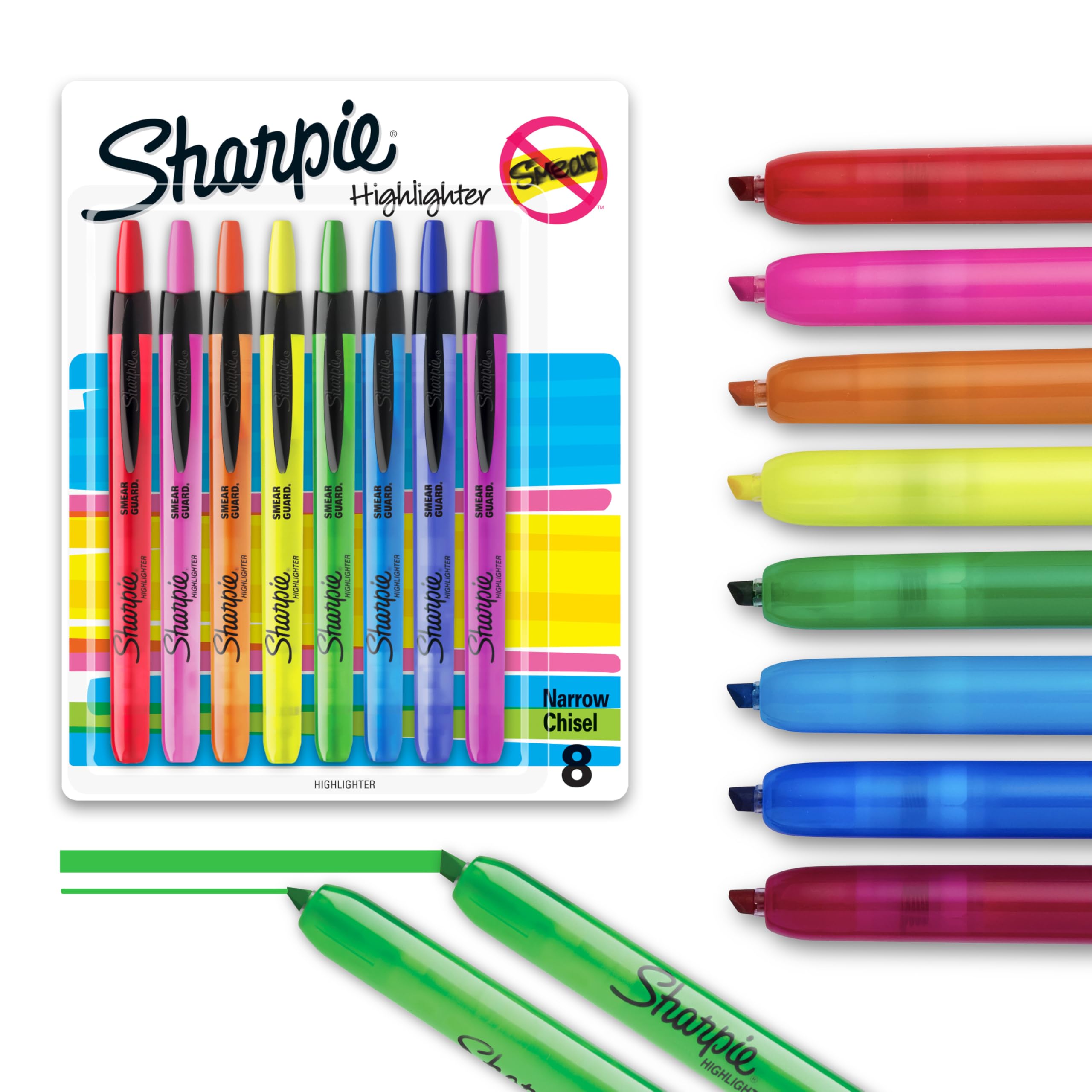Sharpie Retractable Highlighters Chisel Tip Highlighter Marker Set Fluorescent Highlighters Classroom Journaling Study Supplies Assorted Colors 8 Count