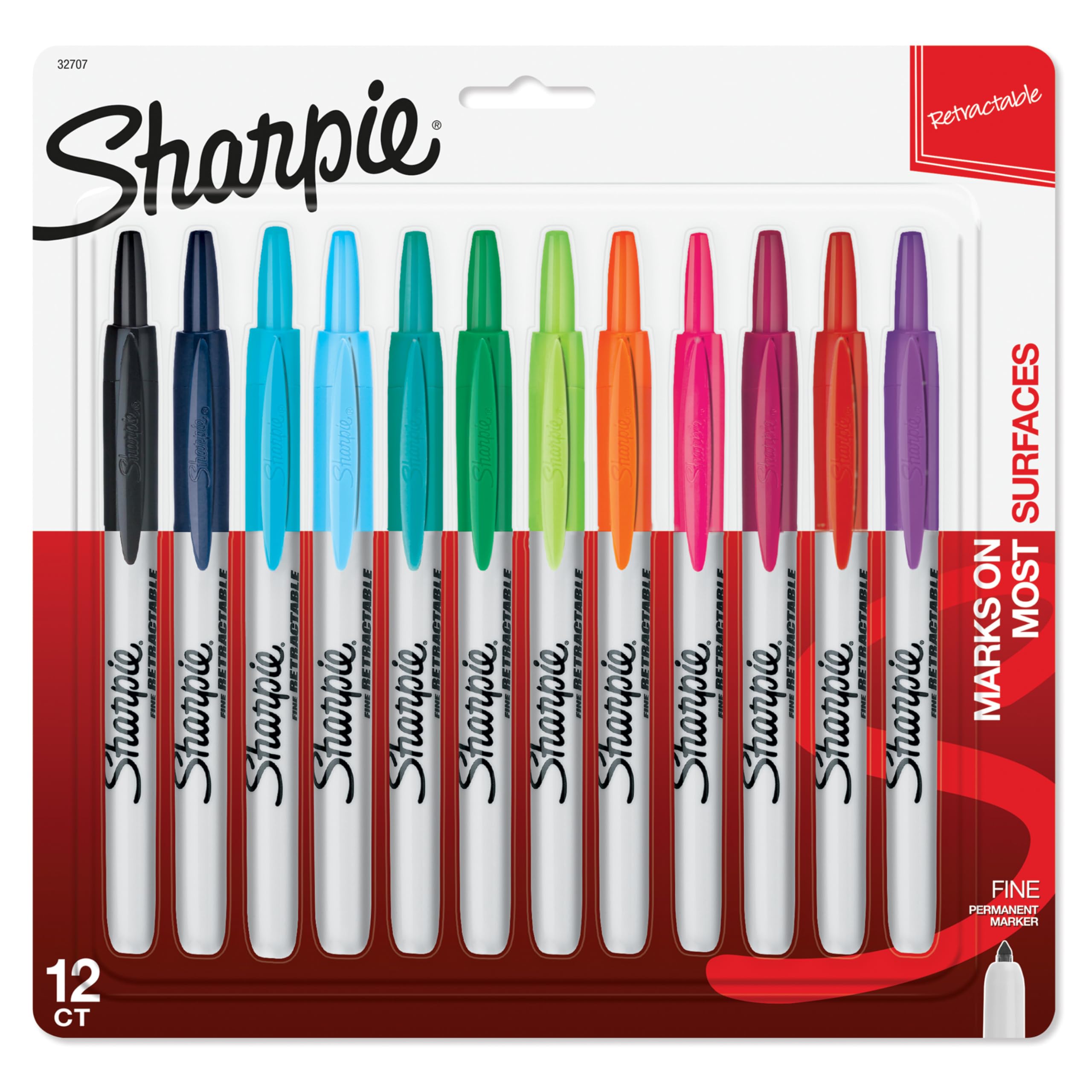 Sharpie Retractable Fine Tip Permanent Markers, Assorted Colors, 12 Count