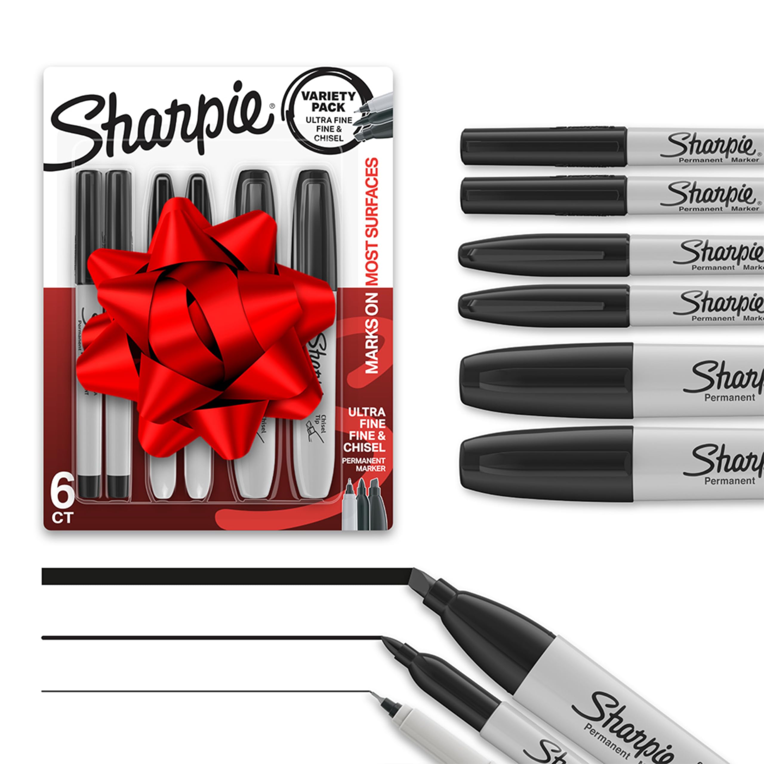 Sharpie Permanent Markers Variety Pack, Includes Chisel, Fine, and Ultra-Fine Tips, Marker Set, Writing, Coloring, Poster, Office, School Supplies, Black, 6 Count