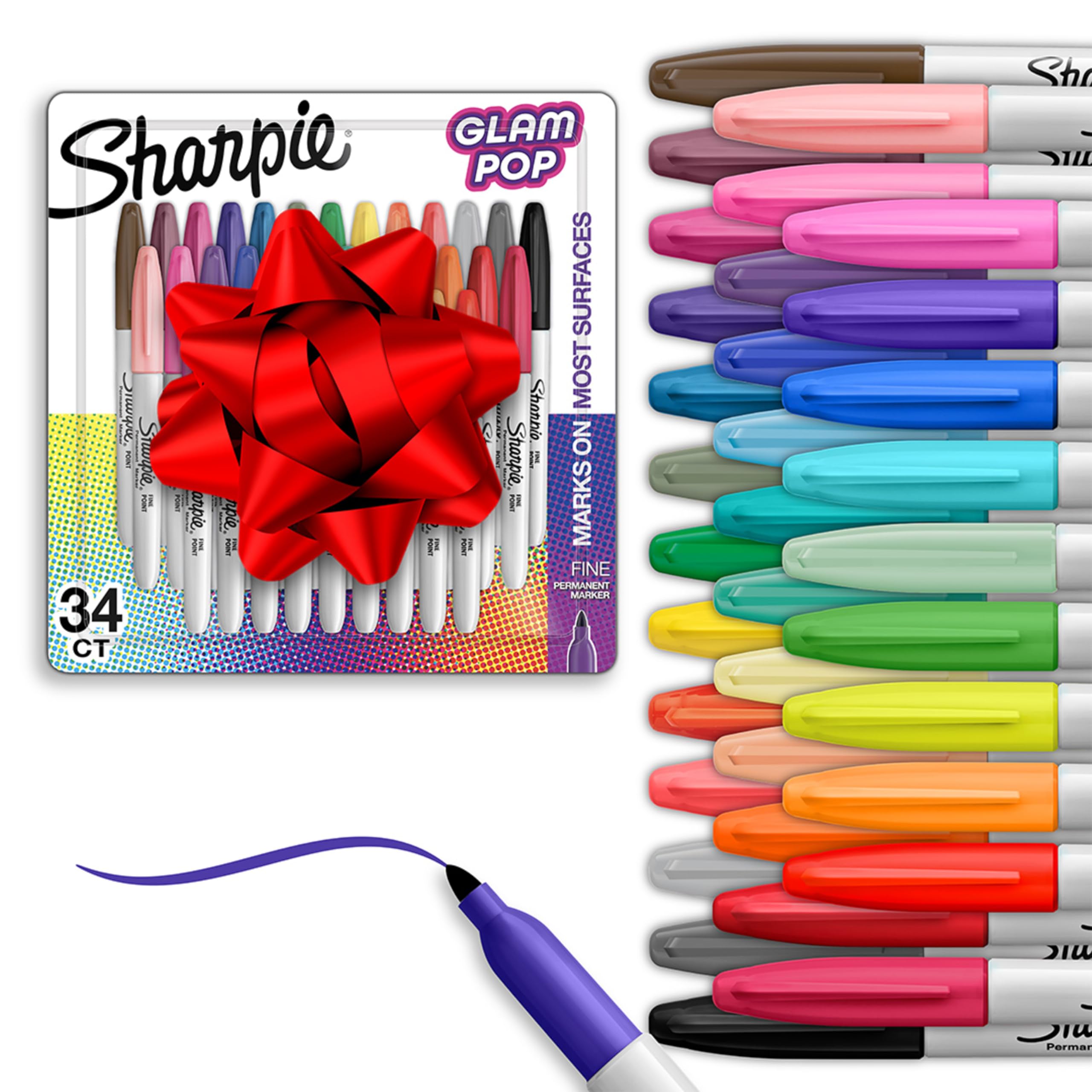 Sharpie Glam Pop Permanent Markers Fine Tip Marker Set Coloring Art Drawing Writing Markers 34 Count
