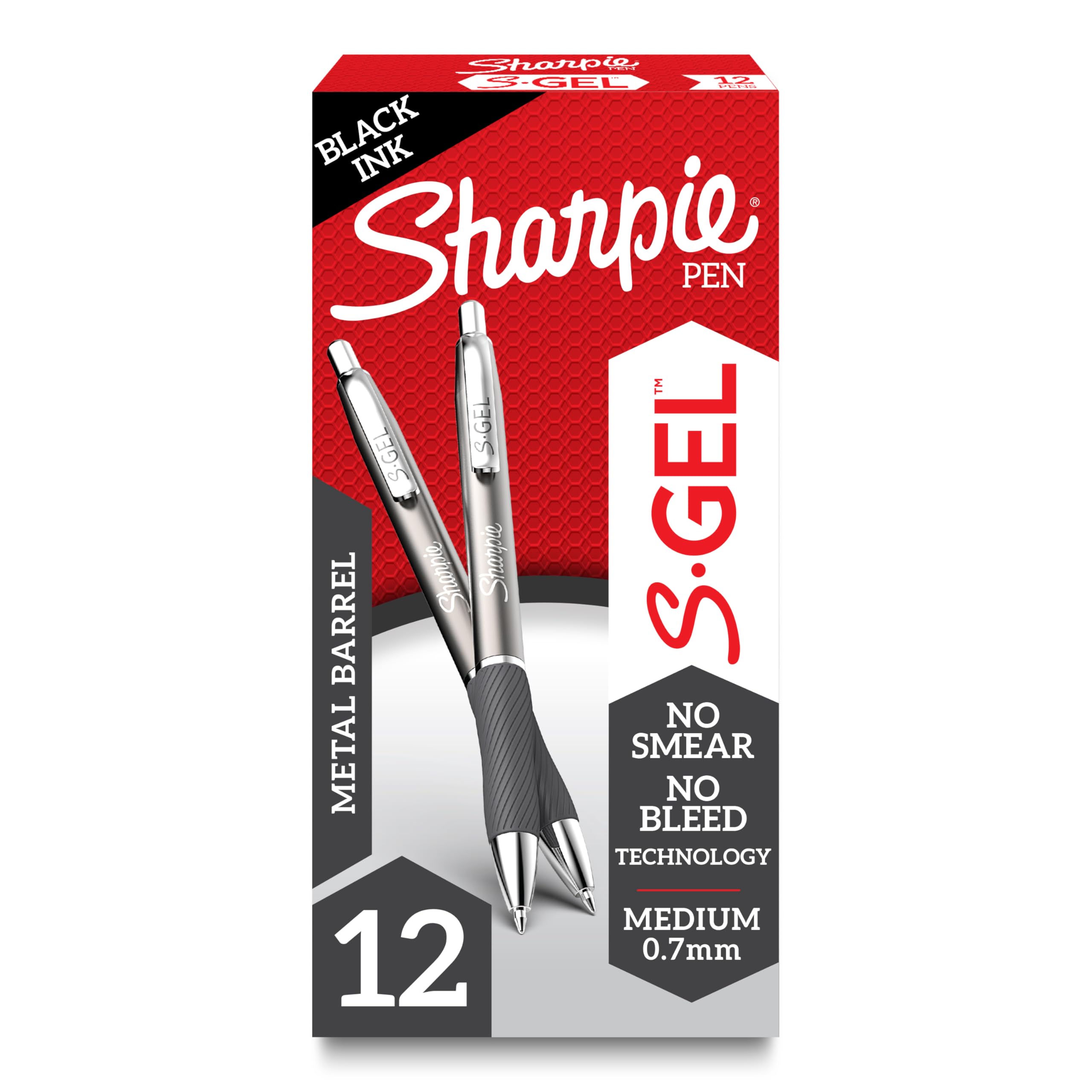 Sharpie S-Gel, Gel Pens, Sleek Metal Barrel, Gunmetal, Medium Point (0.7mm), Black Ink, 12 Count