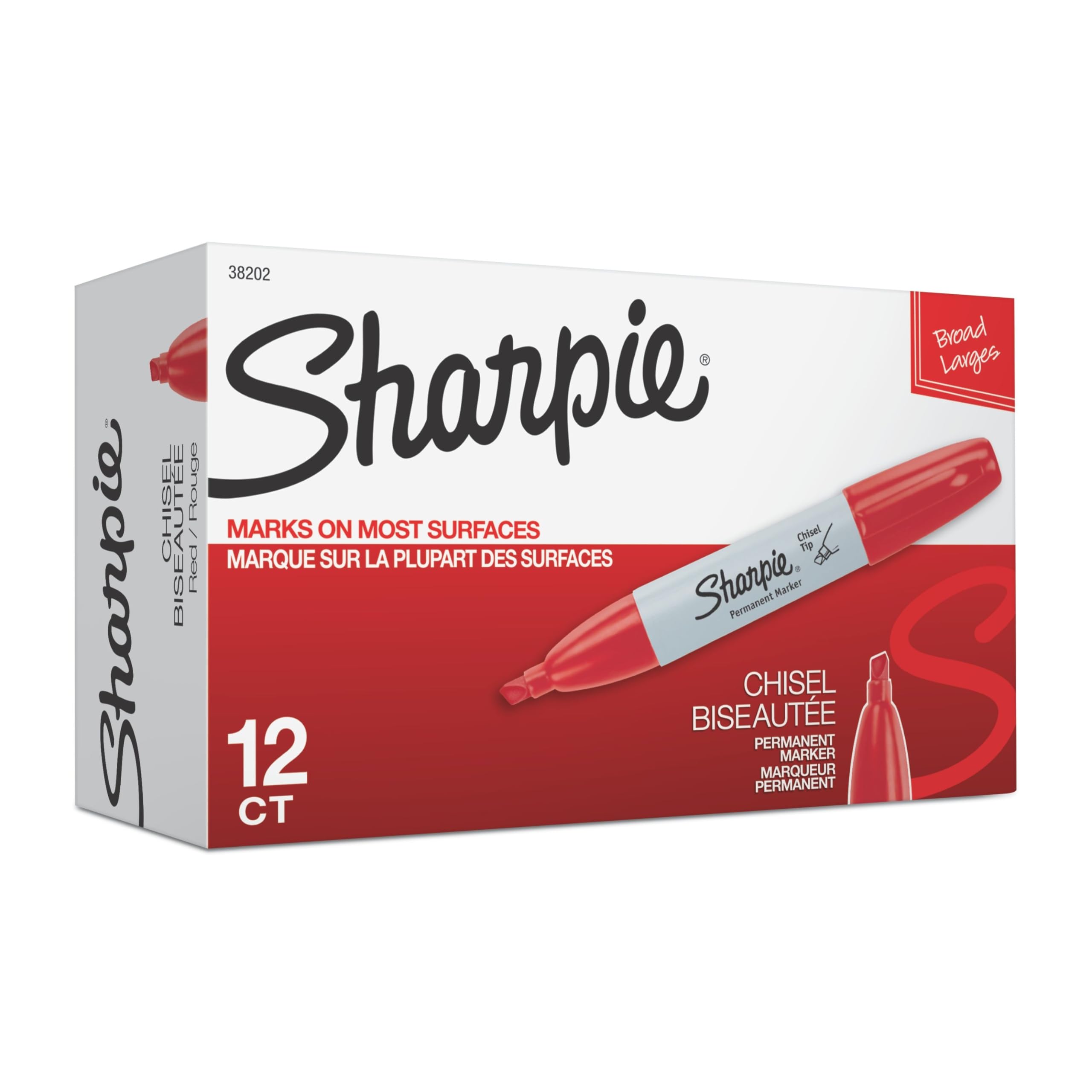 Sharpie Permanent Markers, Chisel Tip, Red, 12 Count